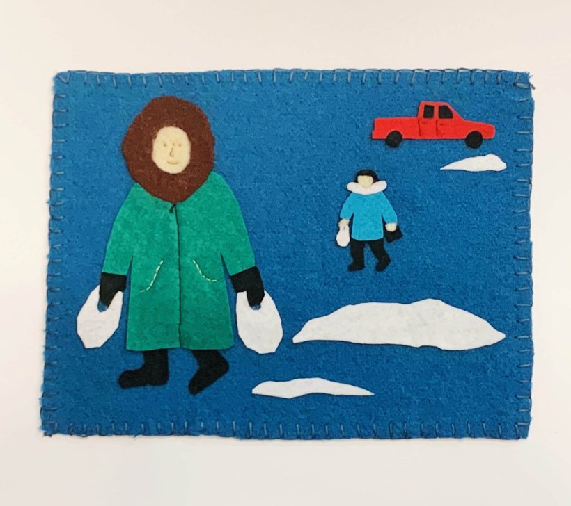 Carrying In Groceries / 2019 / 8 3/4 x 11 3/4 in. / felt & thread